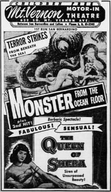 Drive-in advertisement from 1954 for Monster from the Ocean Floor and The Queen of Sheba