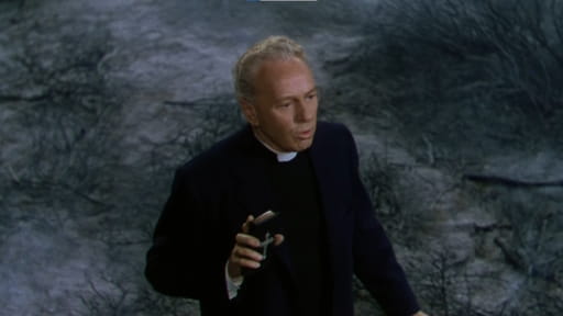 The War of the Worlds (1953) scene: Pastor Collins (Lewis Martin) heroically faces down the Martian invaders and dies but is ultimately shown to be right: God is on our side!